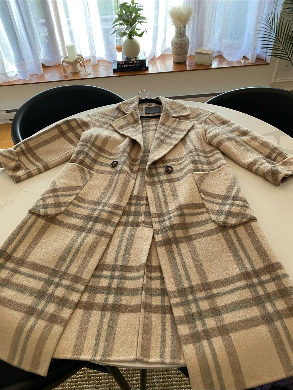 Beige Plaid Mid-Length Trench Coat